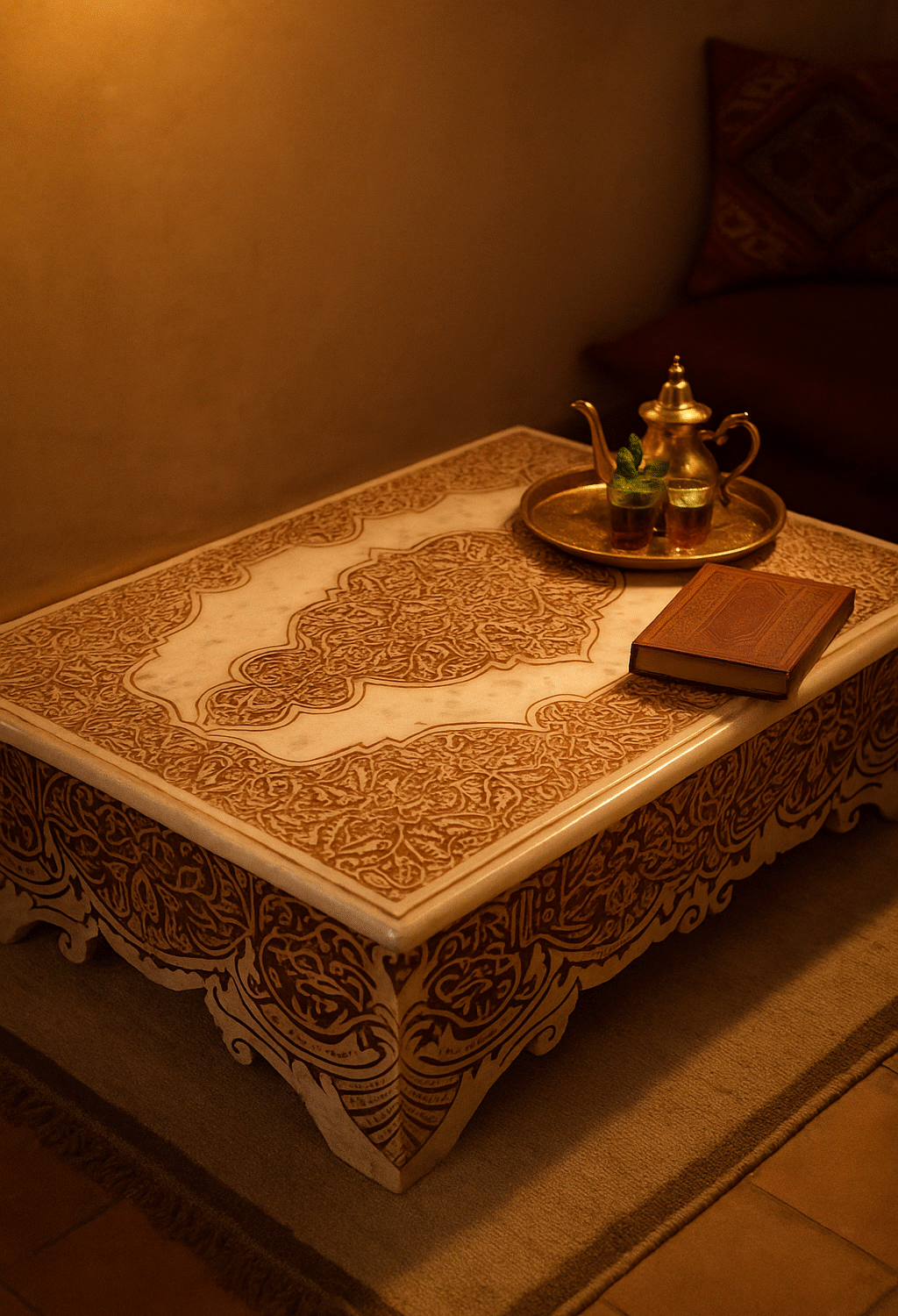 Table Basse Marbre Gravé avec Motifs Arabesques