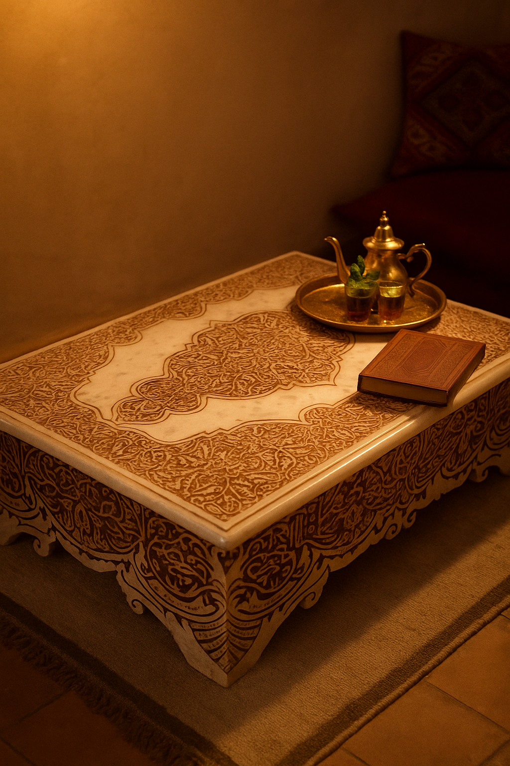 Table Basse Marbre Gravé avec Motifs Arabesques