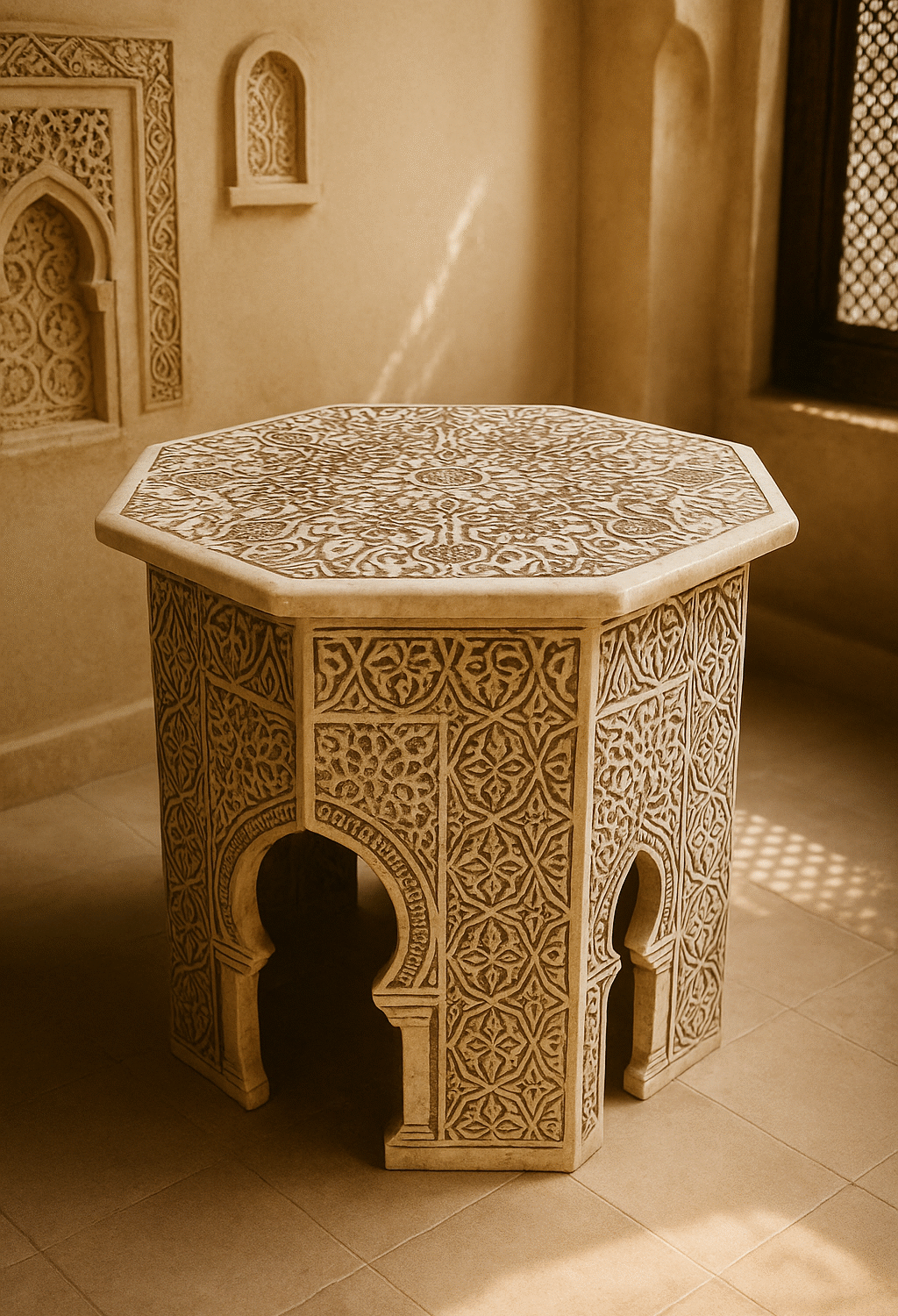 Guéridon Marbre Hexagonal Entièrement Gravé à la Main