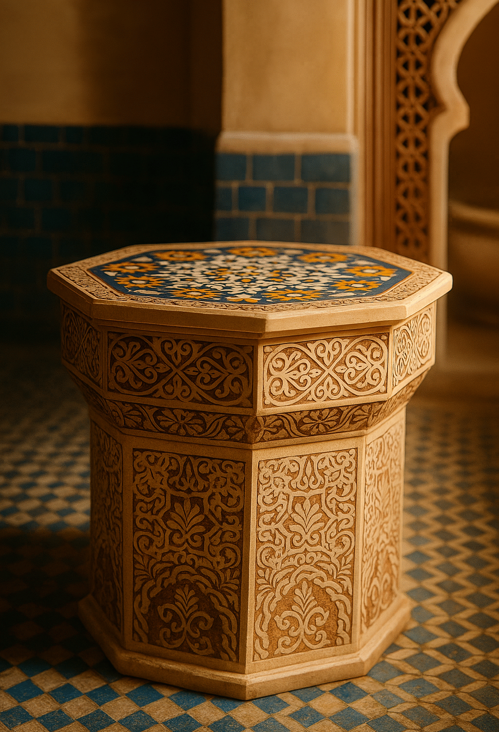 Guéridon en Zellige Authentique et Pierre Sculptée