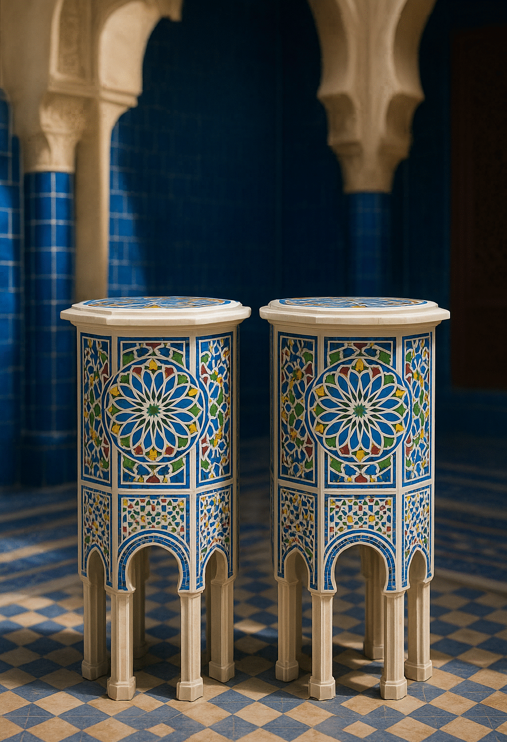 Paire de Guéridons Mosaïque de Zellige et Marbre Sculpté