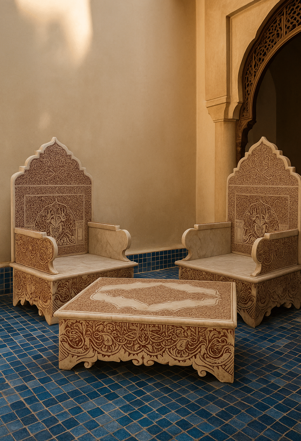 Ensemble de Salon Assises et Table Basse en Marbre Sculpté à la Main