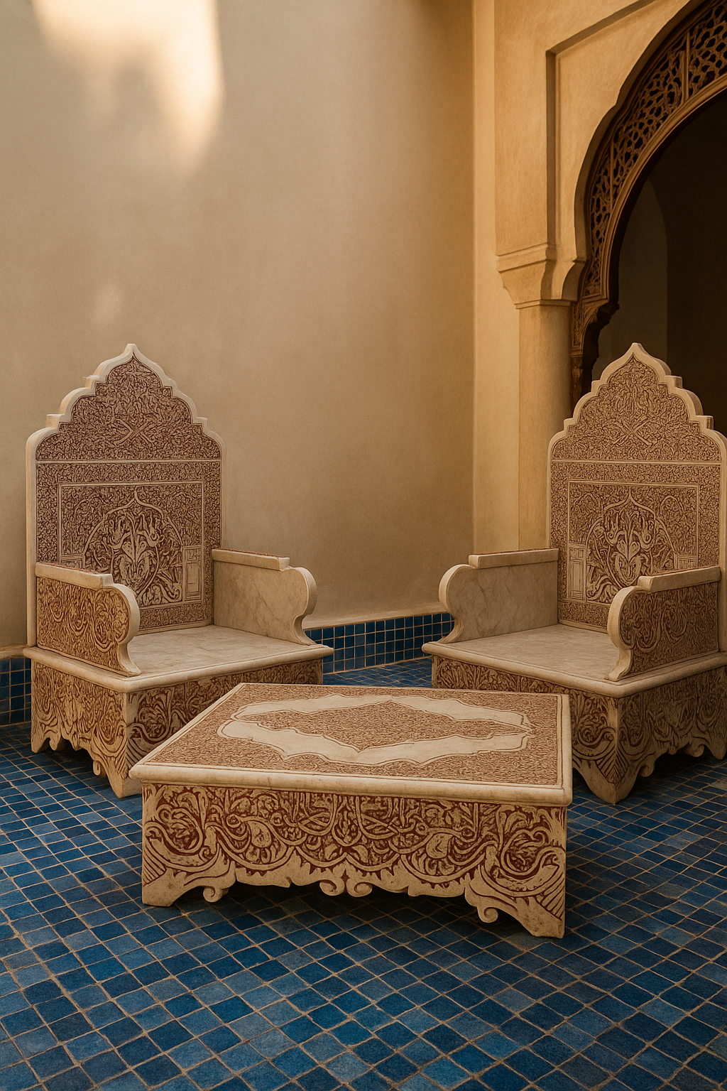 Ensemble de Salon Assises et Table Basse en Marbre Sculpté à la Main