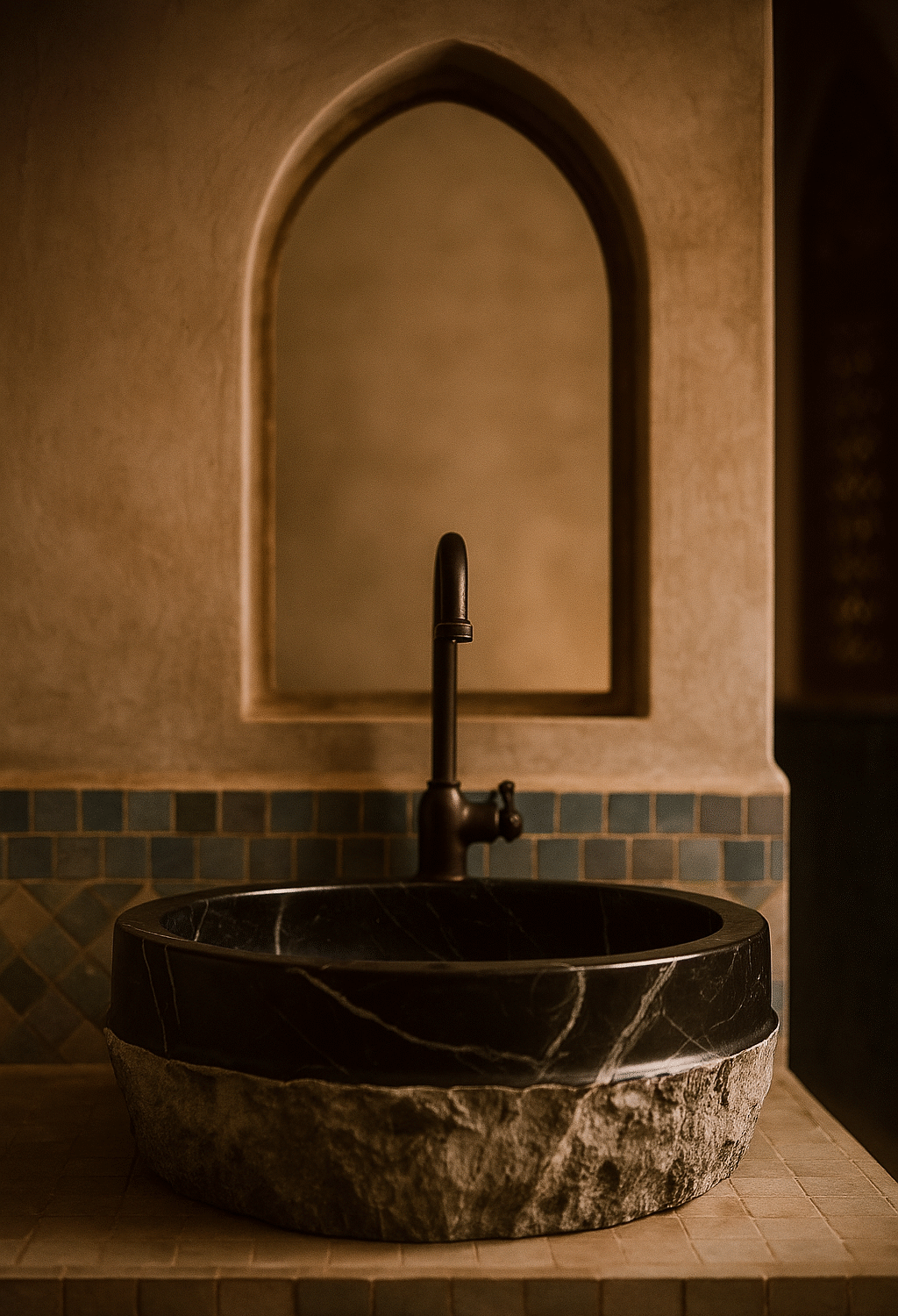 Vasque Marbre Noir & Roche Brut