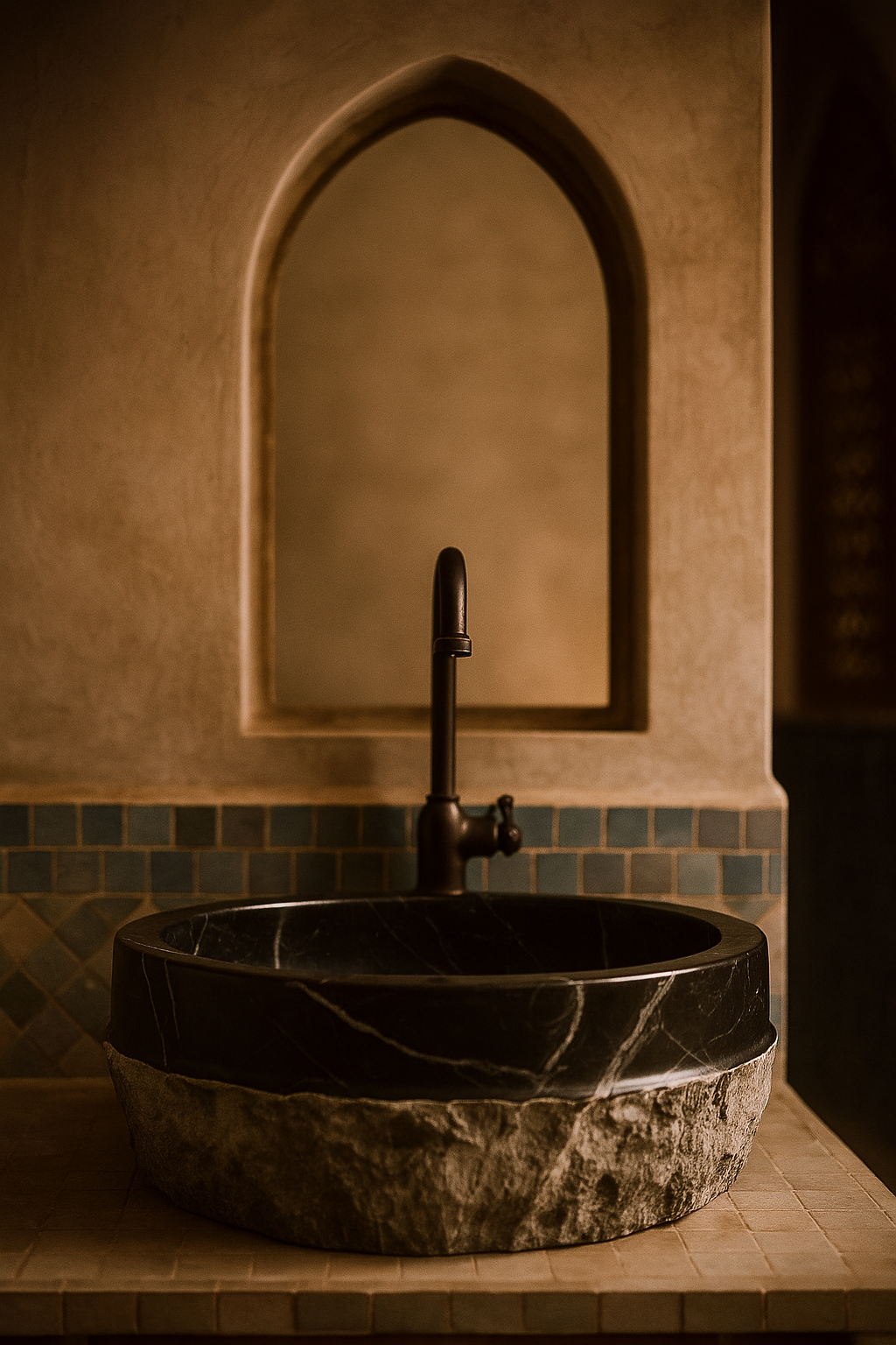 Vasque Marbre Noir & Roche Brut