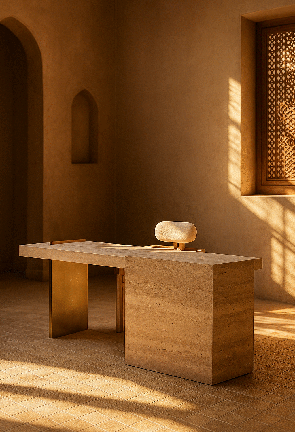 Bureau Design Minimaliste en Travertin et Laiton Brossé